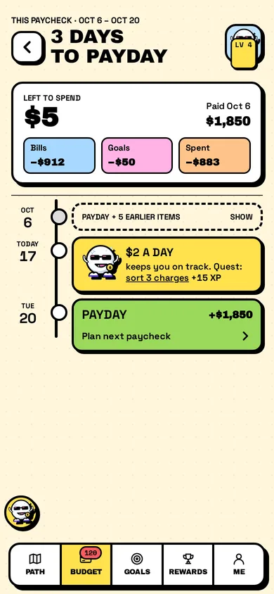 Next payday screen: 3 days to payday, $5 left to spend after bills, goals and spending